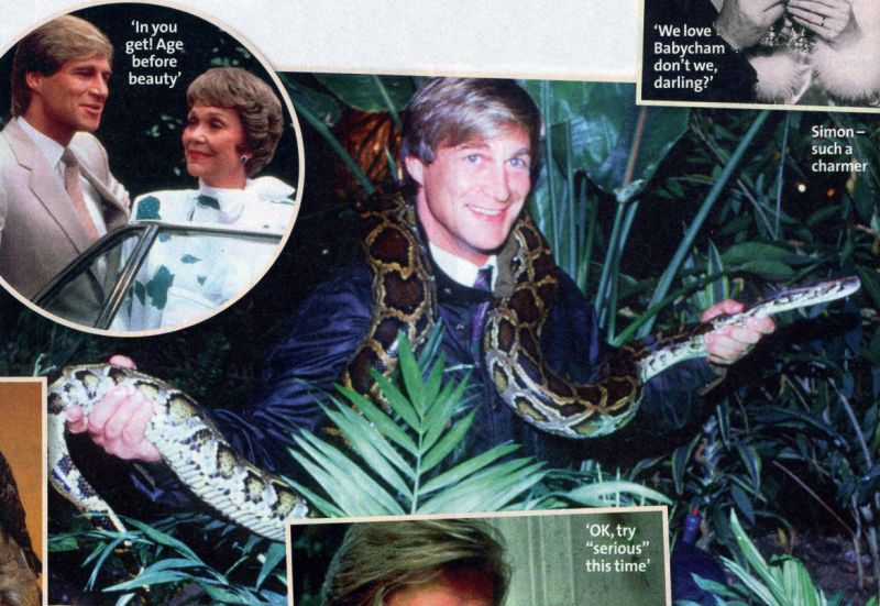 Simon MacCorkindale with a snake and as Greg Reardon in Falcon Crest